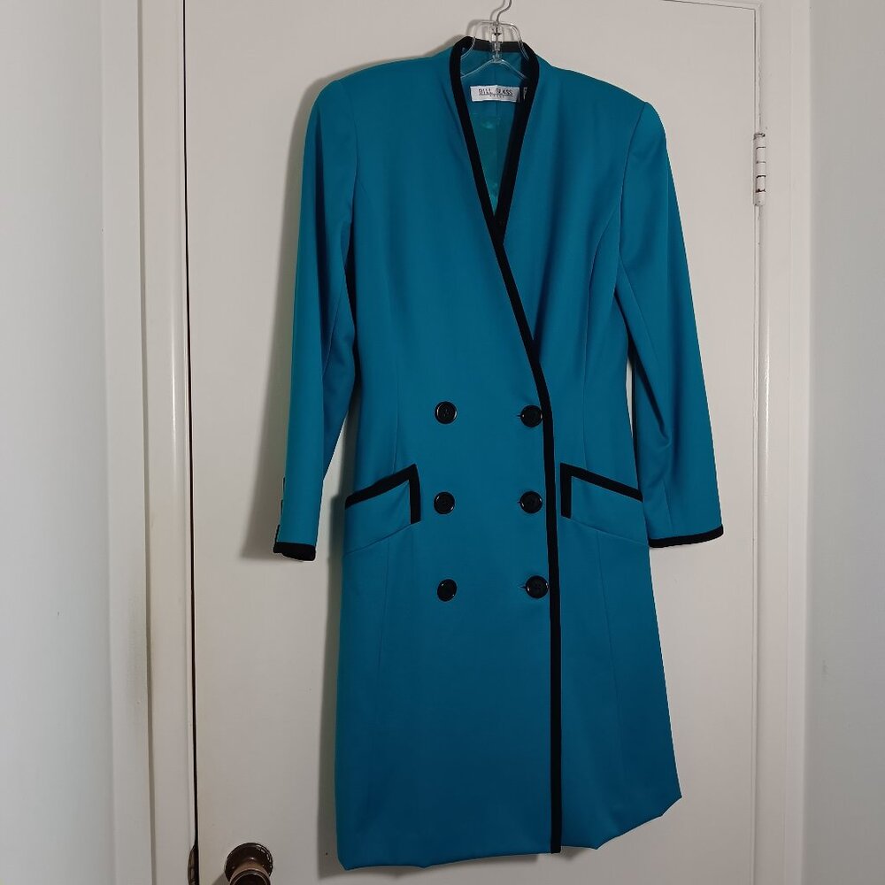 Vintage  Bill Blass Teal Wool Coat Dress Long Blazer w/black  trim